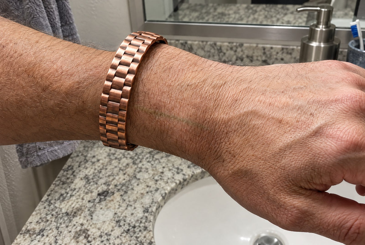 The faint green line solid copper leaves on the wrist