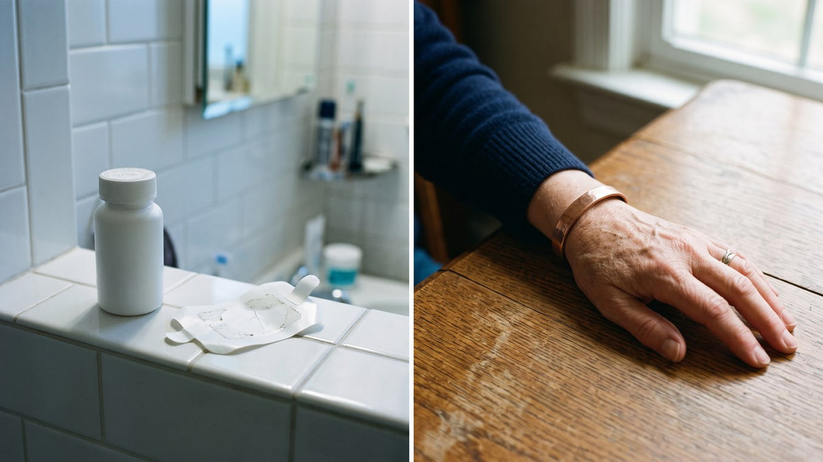 Split frame. On the left a white pill bottle and a peeled off patch backing on a bathroom shelf. On the right a plain so