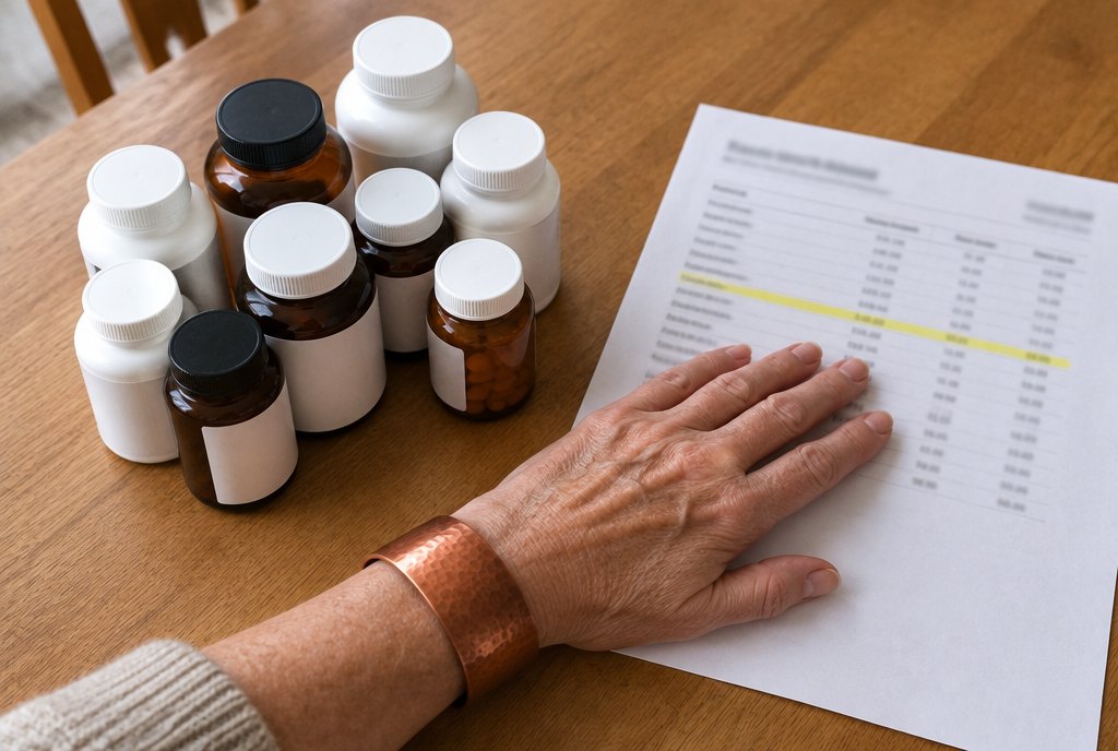 Six years of iron pill bottles next to a lab report