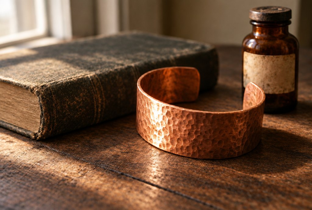 A wide solid copper cuff on a worn wooden table beside an old book and a small brown bottle.