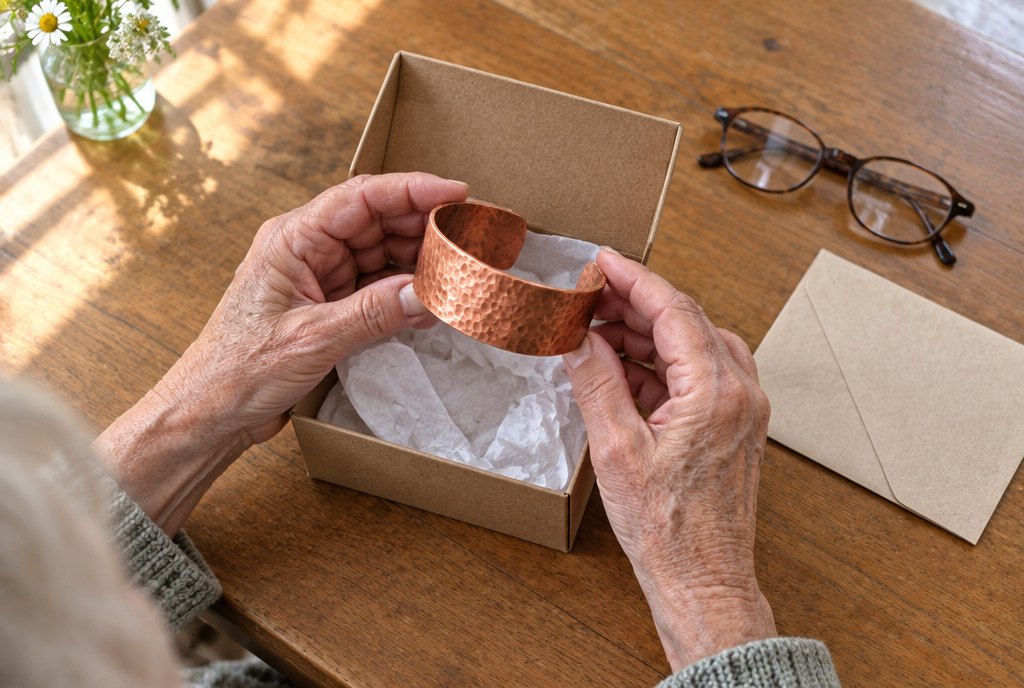 Three solid copper pieces in an open shipping box on a kitchen table, plain brown paper, no styling.