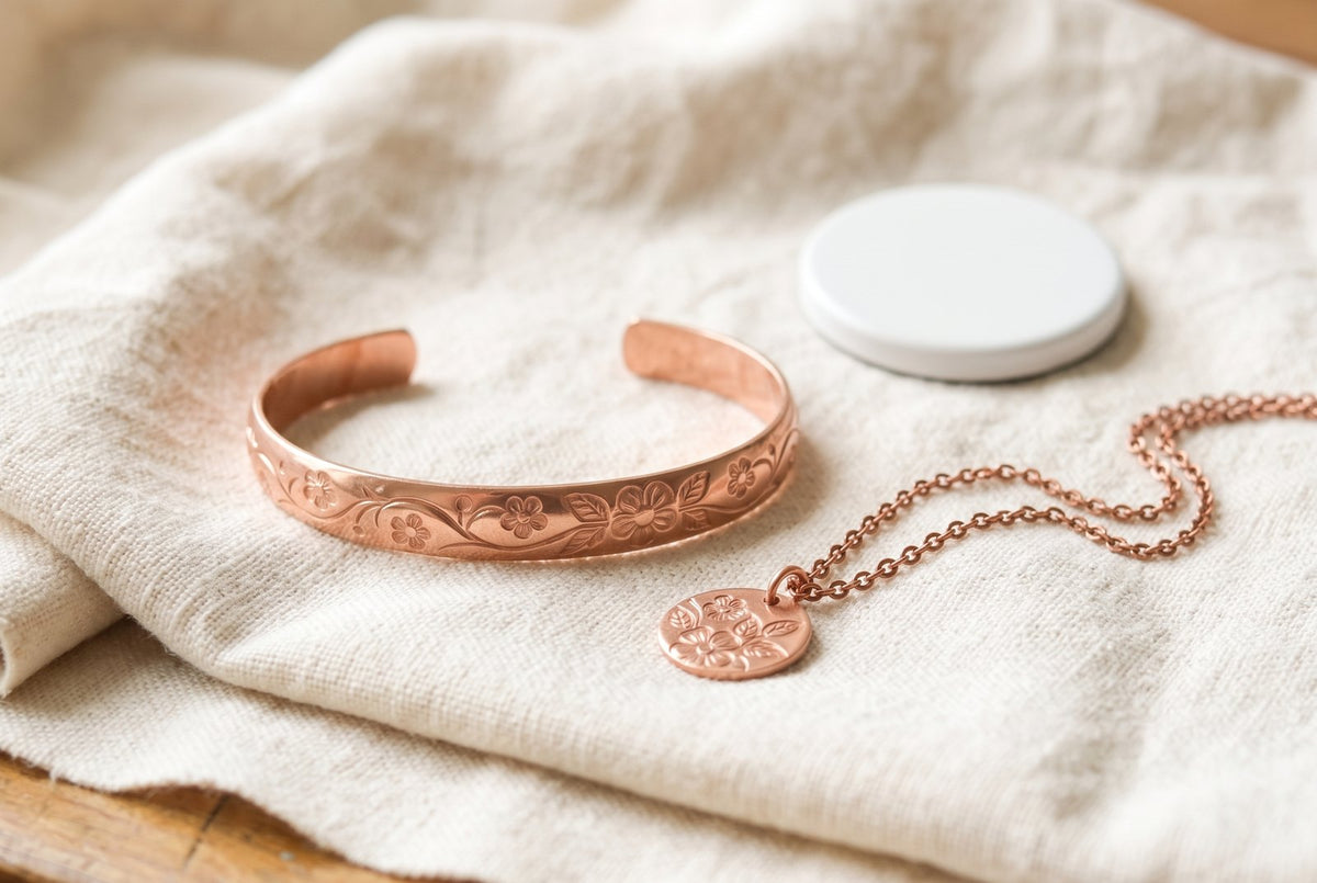 A spread of solid copper pieces on white linen in soft daylight: a cuff engraved with a floral vine, a plain bracelet, a