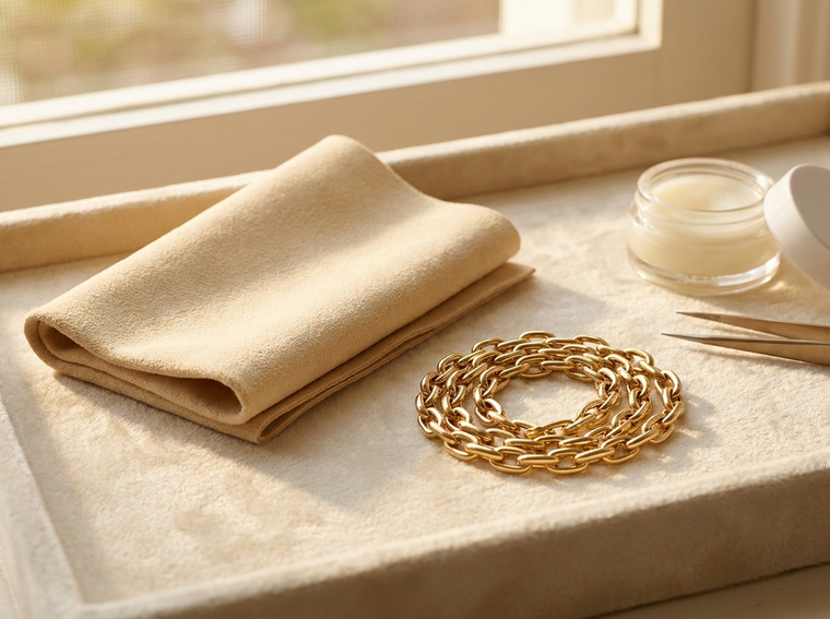 Polishing cloth beside a Prescott gold chain