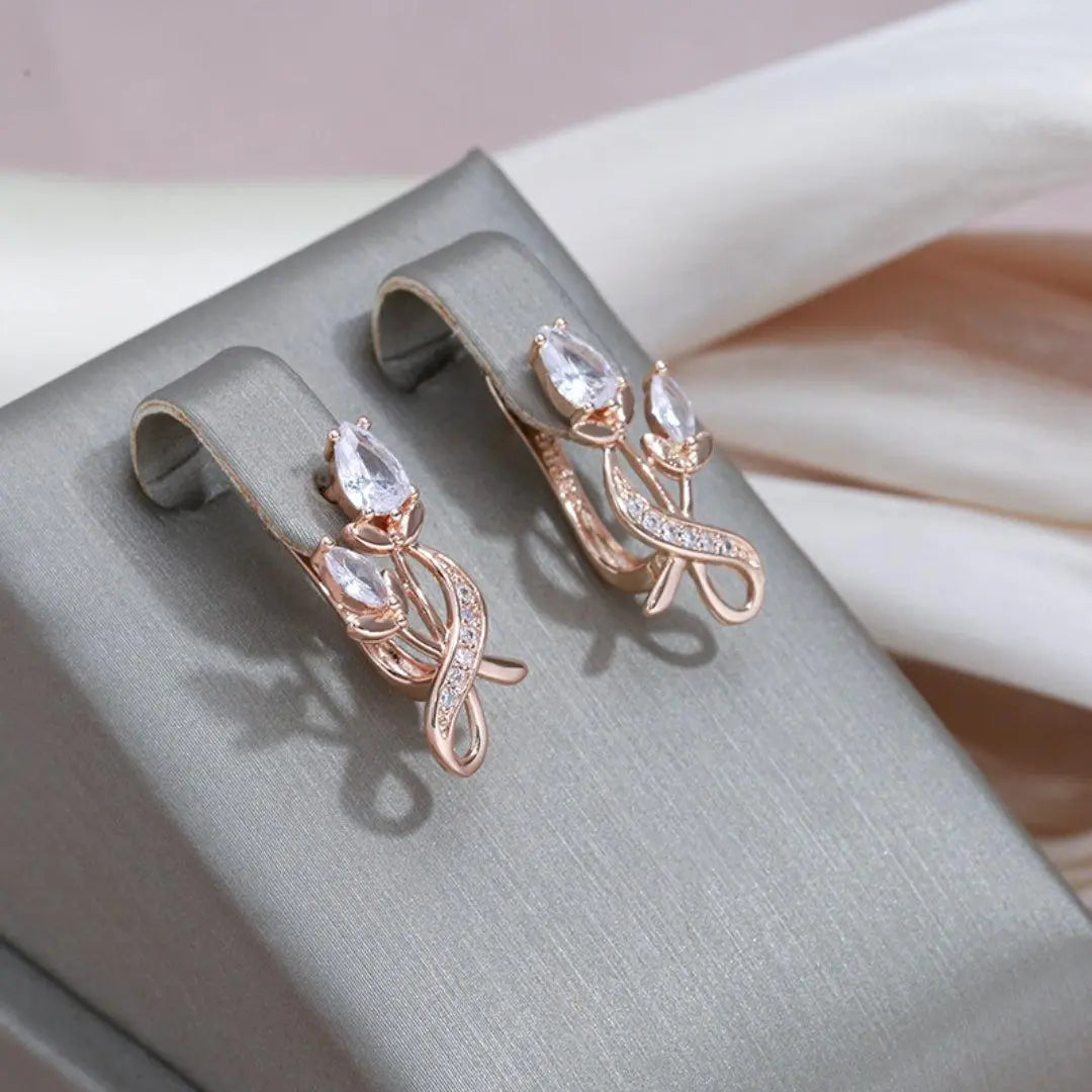 Elegant Crystal Rose Earrings with Zirconia in Gold