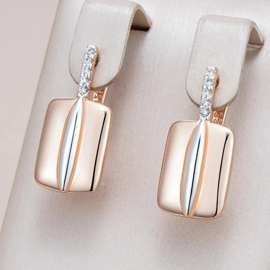 Rectangular gold earrings with rhinestones