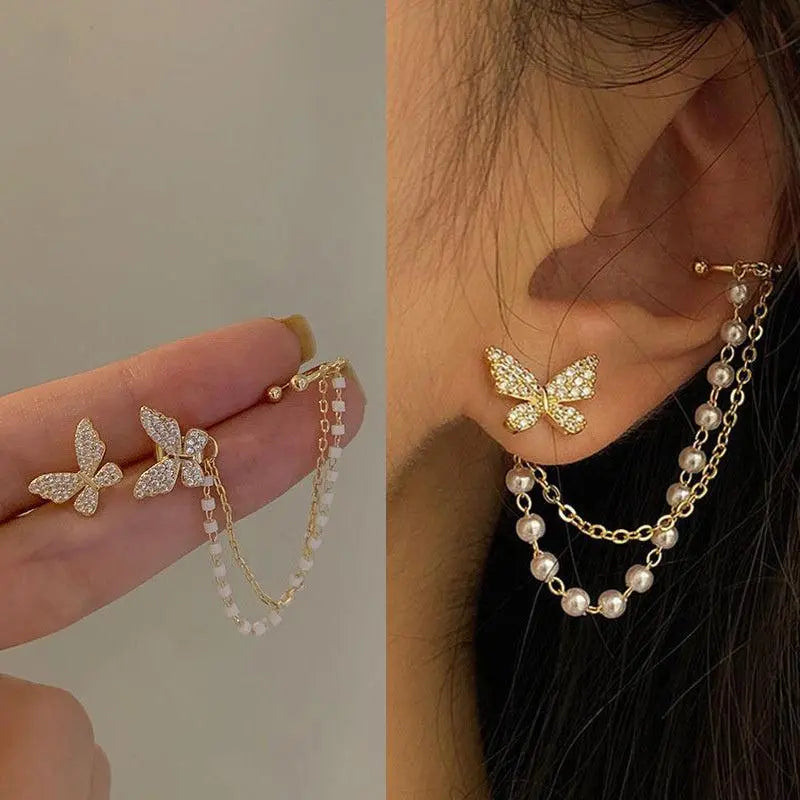 Gold Butterfly Pendant Earrings with Pearls and Zirconia