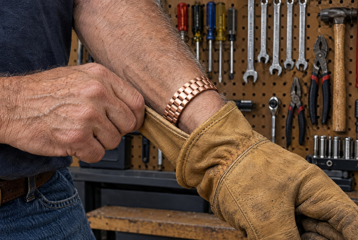The Ore cuff under a work glove