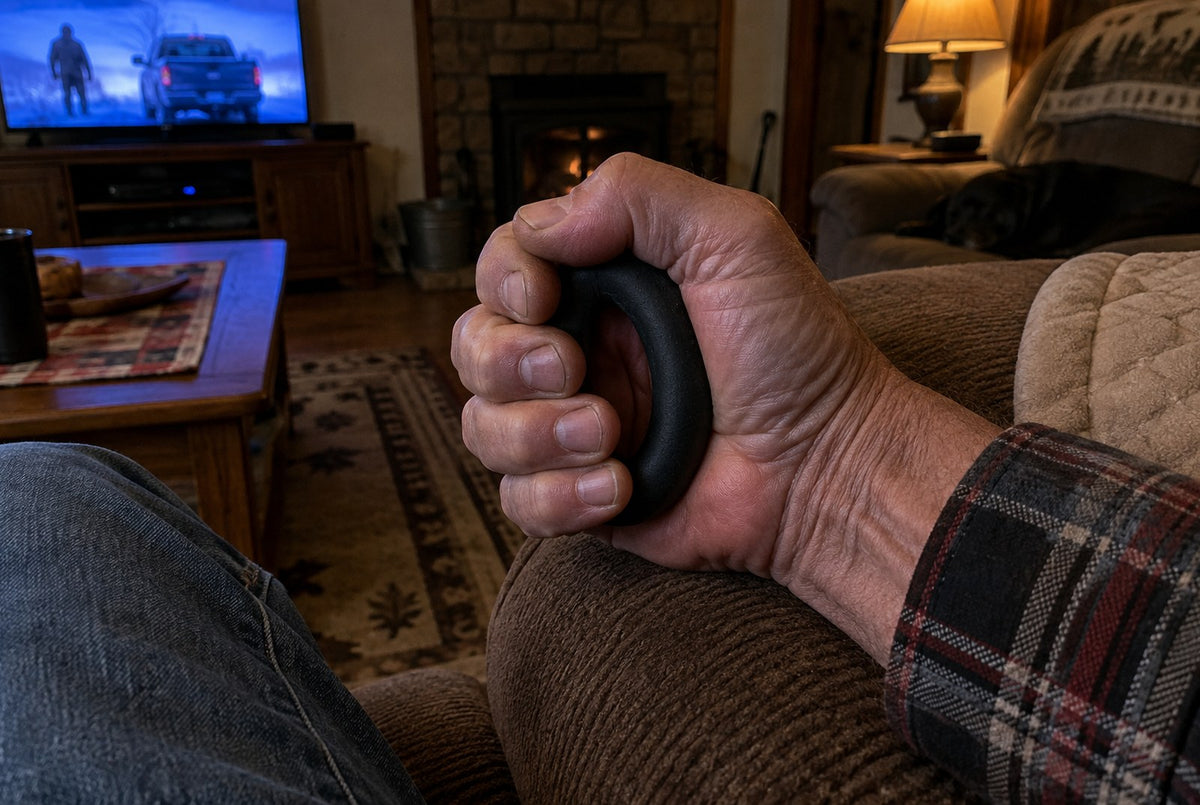 Squeezing a grip strengthener in the recliner