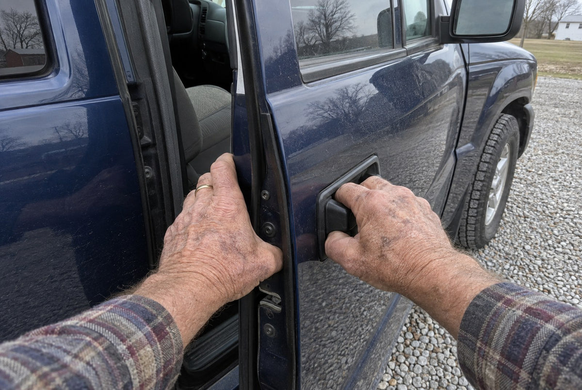 Opening the truck door with two hands