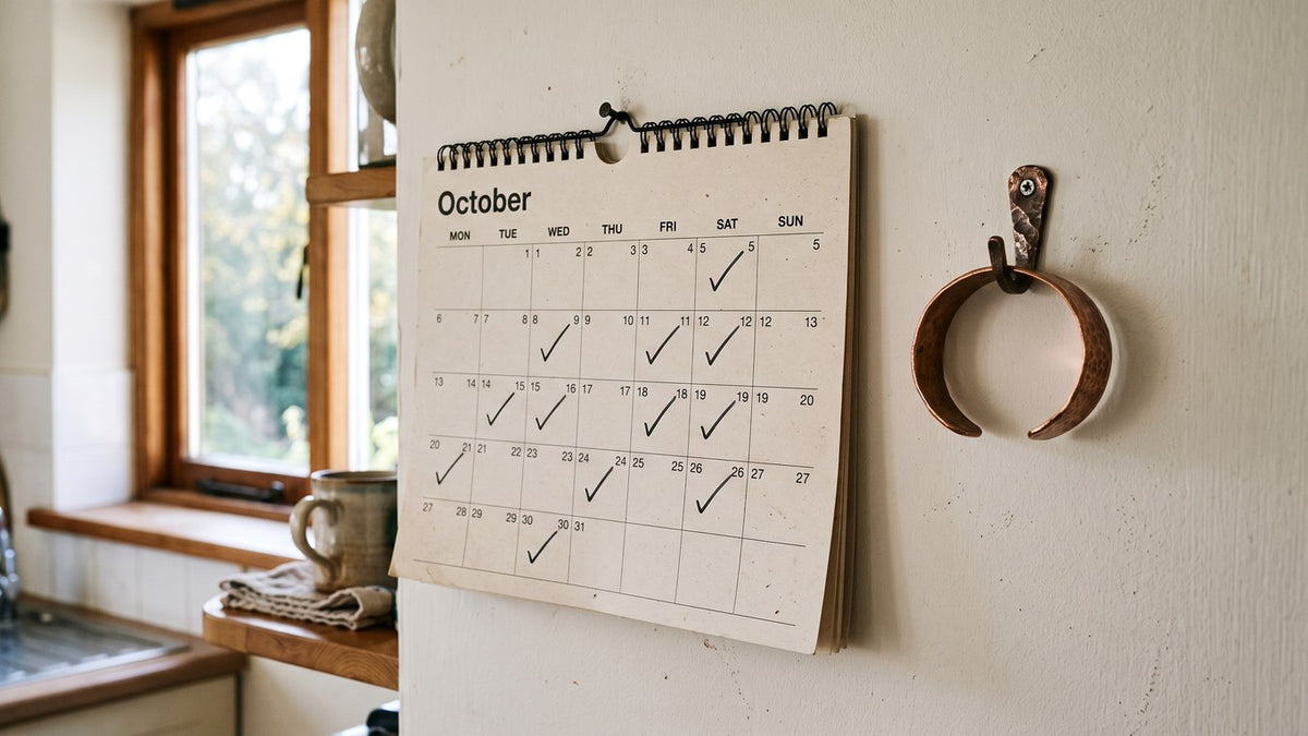 A kitchen calendar on the wall with a few days marked in pen, morning light, a copper cuff hanging on the hook beside it
