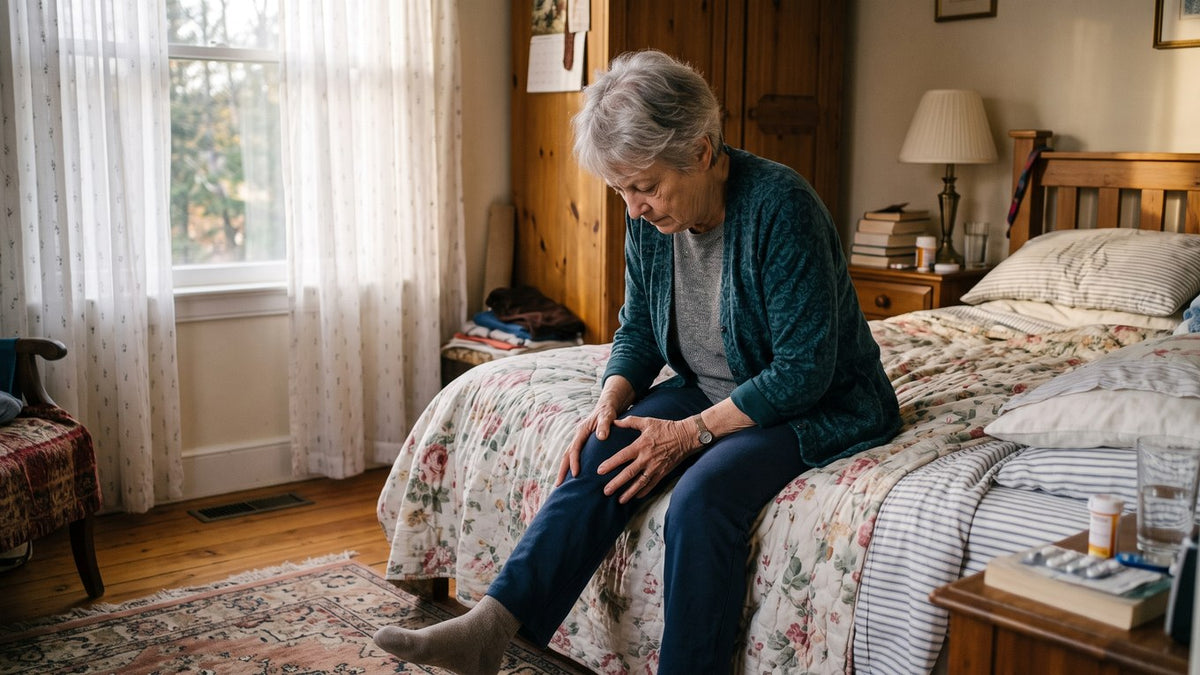 An older woman sitting on the edge of her bed rubbing one knee with both hands, late afternoon light through a bedroom w