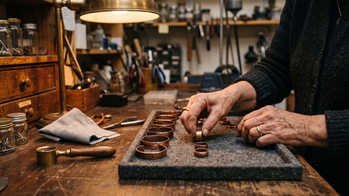A shop counter in warm lamp light, an older woman’s hands laying out solid copper cuffs and rings on a felt tray.