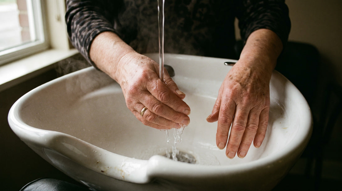Hands under running water at a salon backwash sink, early morning