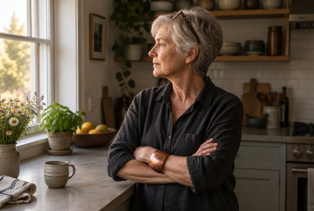 A woman in her sixties standing at a kitchen counter, arms folded, looking out the window.