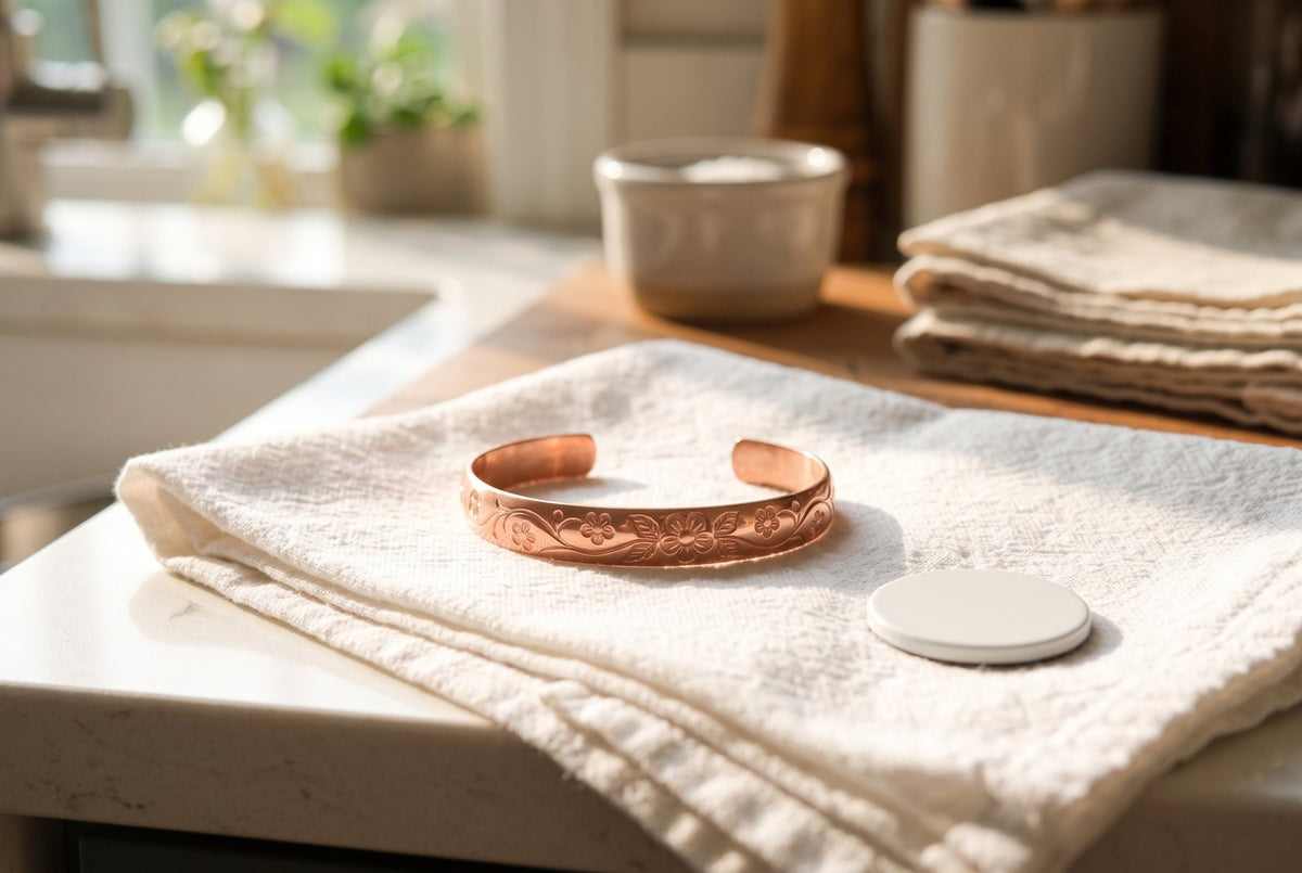 A solid copper cuff on a folded kitchen towel in bright morning light.