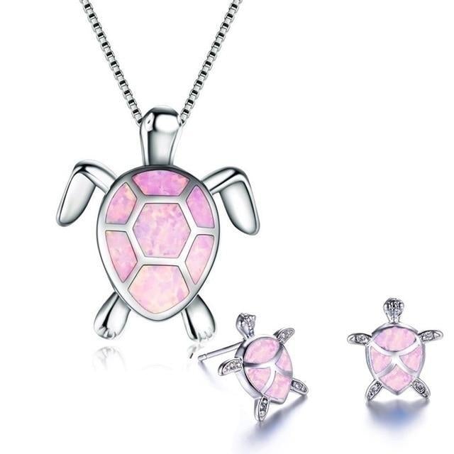 Set of necklace and earrings with opal sea turtles
